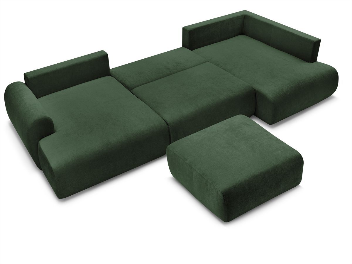 Canapé panoramique convertible coffre LUCIEN tissu lisse avec pouf