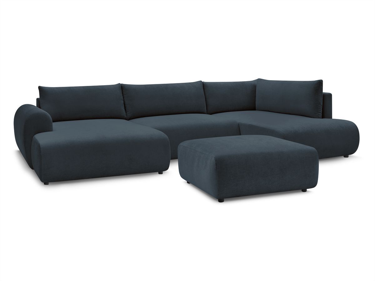 Canapé panoramique convertible coffre LUCIEN tissu lisse avec pouf