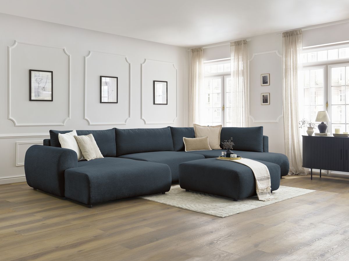 Canapé panoramique convertible coffre LUCIEN tissu lisse avec pouf