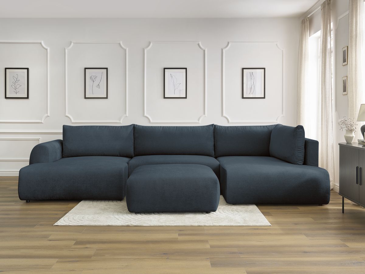 Canapé panoramique convertible coffre LUCIEN tissu lisse avec pouf