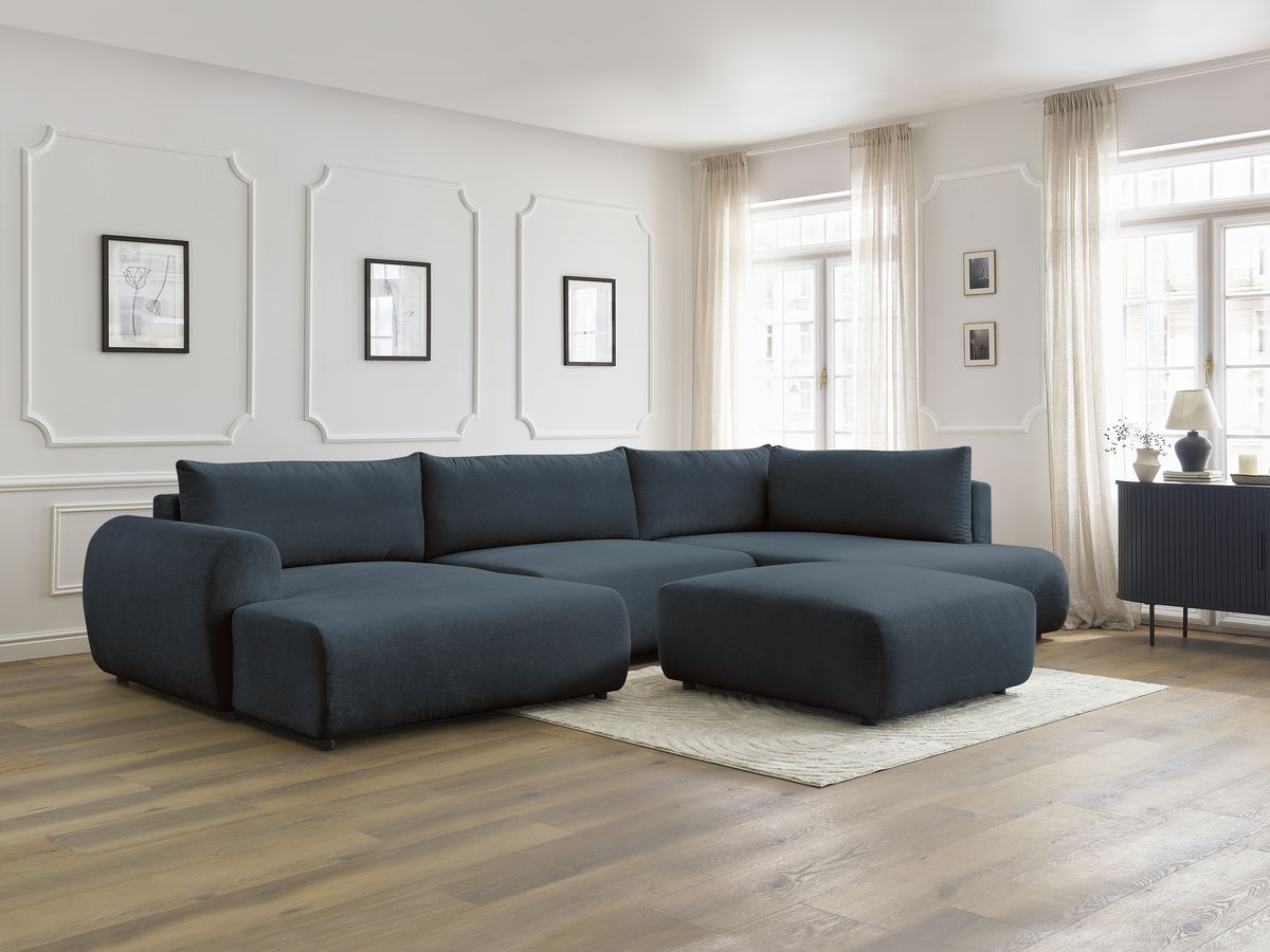 Canapé panoramique convertible coffre LUCIEN tissu lisse avec pouf bleu foncé angle gauche BOBOCHIC 6 places - Vue supplémentaire 3