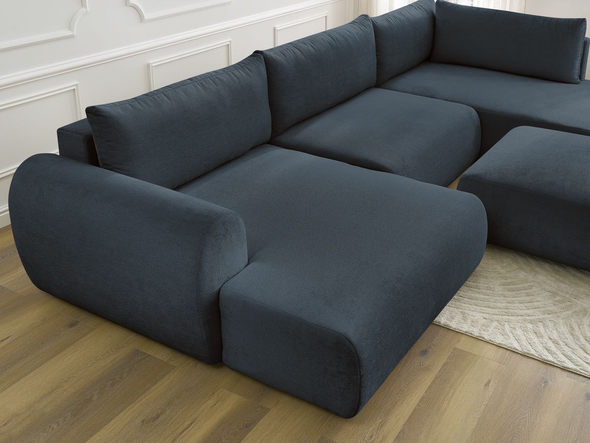 Canapé panoramique convertible coffre LUCIEN tissu lisse avec pouf