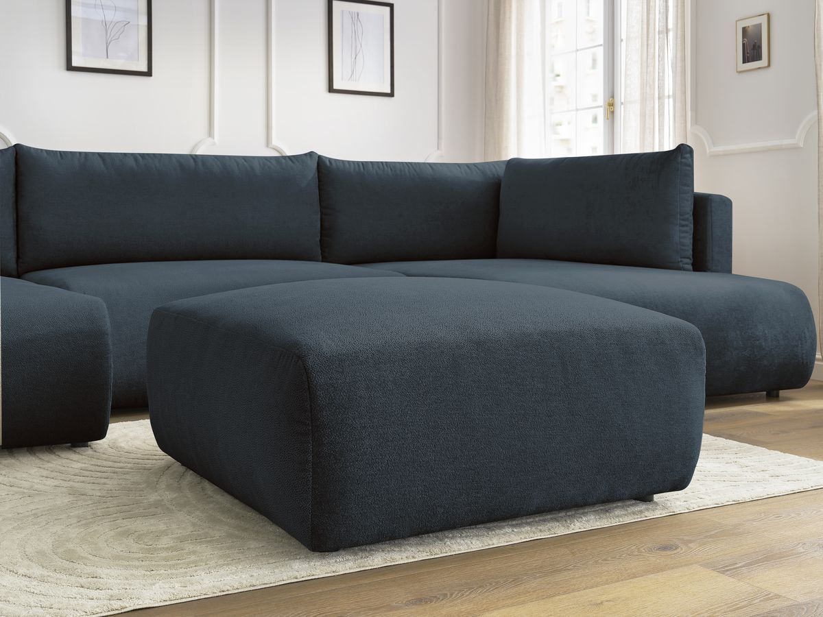 Canapé panoramique convertible coffre LUCIEN tissu lisse avec pouf