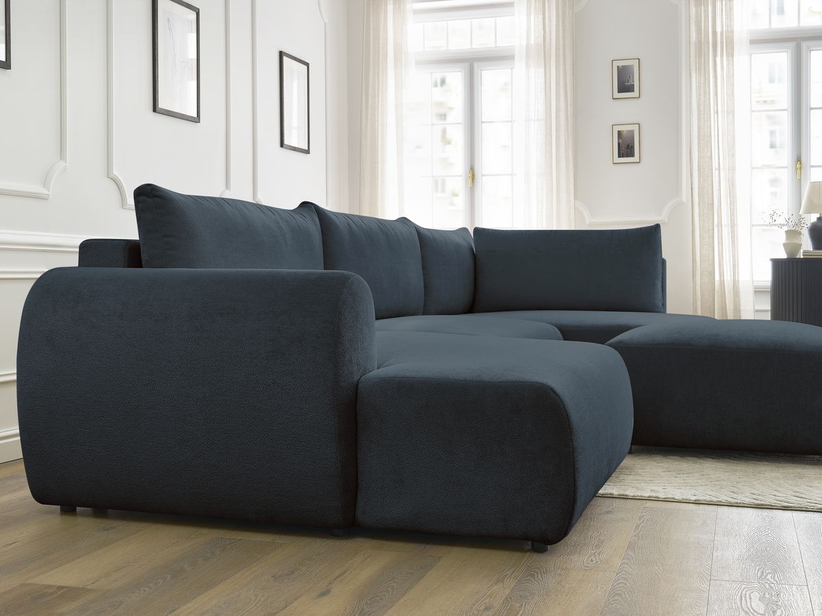 Canapé panoramique convertible coffre LUCIEN tissu lisse avec pouf