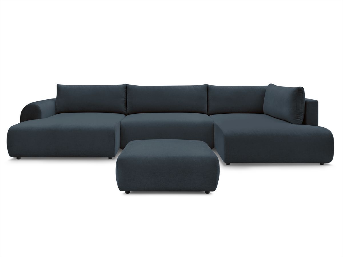 Canapé panoramique convertible coffre LUCIEN tissu lisse avec pouf