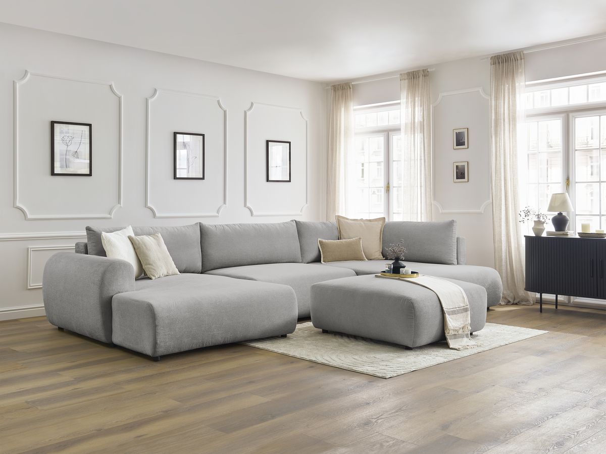 Canapé panoramique convertible coffre LUCIEN tissu lisse avec pouf
