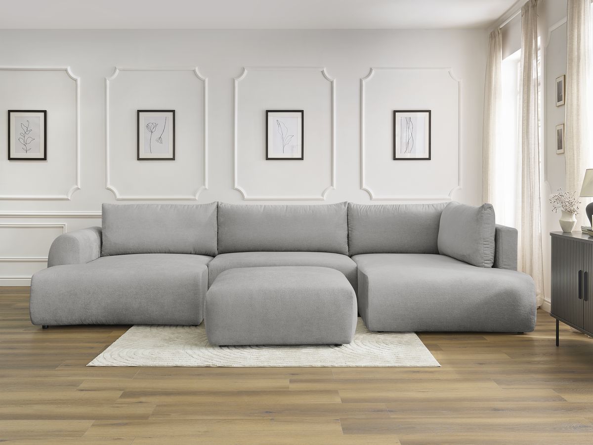 Canapé panoramique convertible coffre LUCIEN tissu lisse avec pouf gris clair angle gauche BOBOCHIC 6 places - Vue supplémentaire 3