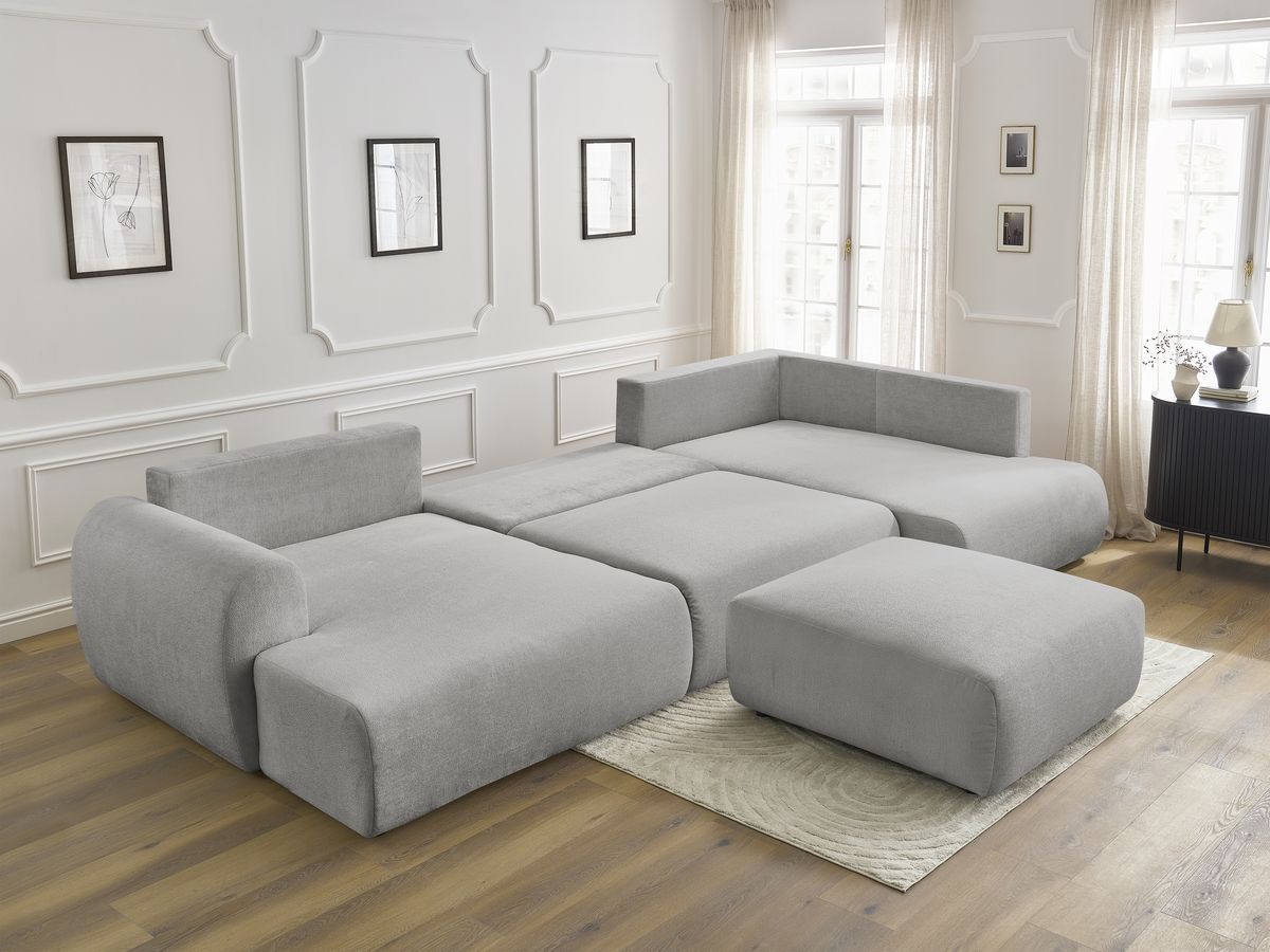Canapé panoramique convertible coffre LUCIEN tissu lisse avec pouf