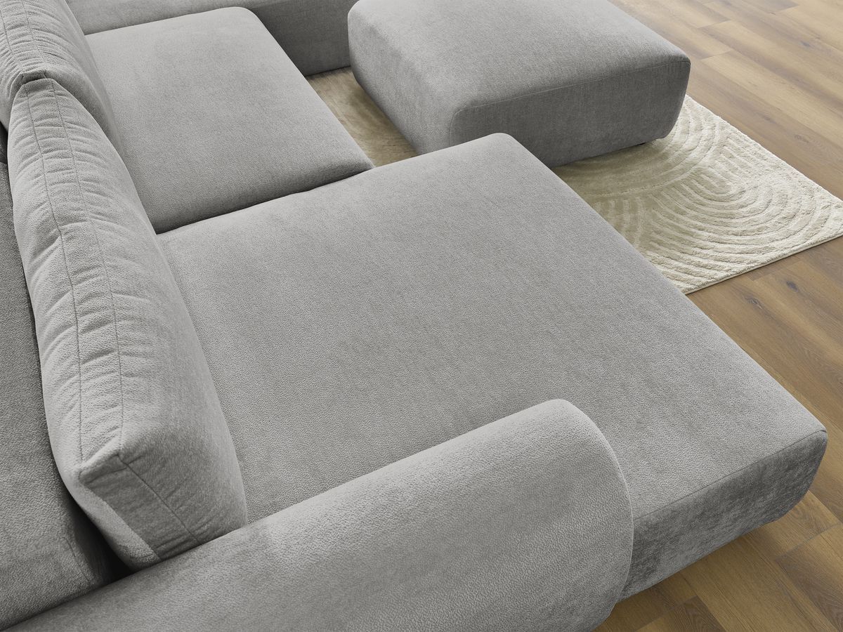 Canapé panoramique convertible coffre LUCIEN tissu lisse avec pouf