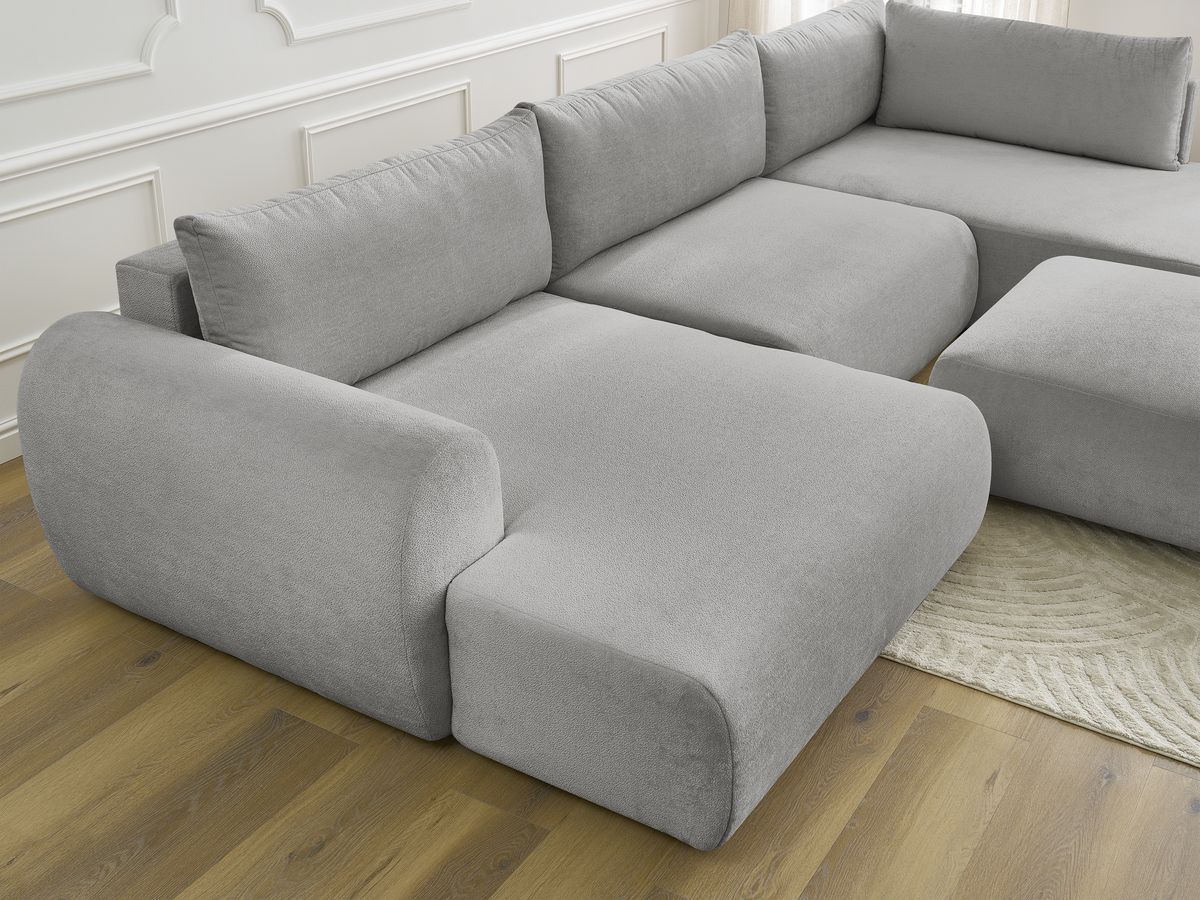 Canapé panoramique convertible coffre LUCIEN tissu lisse avec pouf