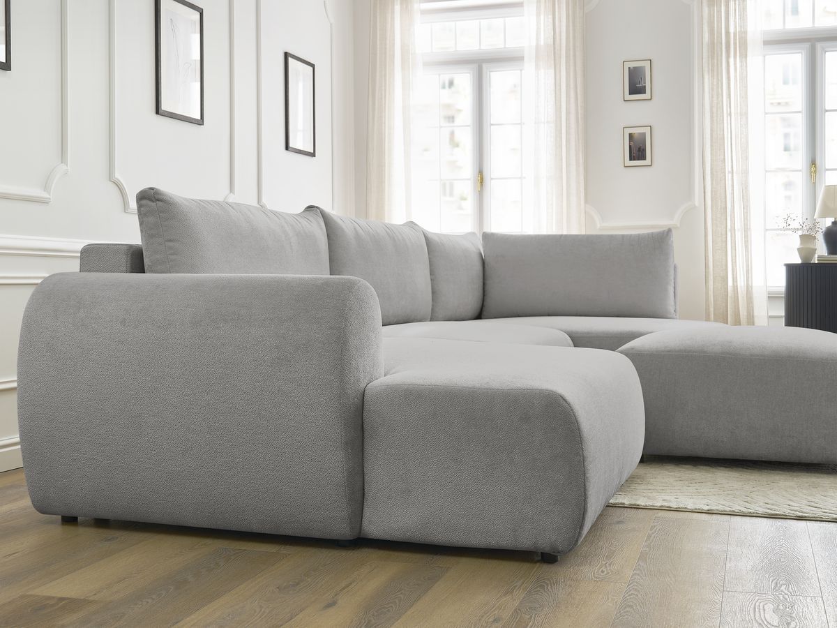 Canapé panoramique convertible coffre LUCIEN tissu lisse avec pouf