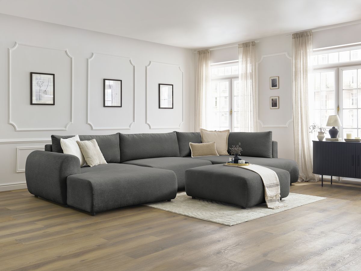 Canapé panoramique convertible coffre LUCIEN tissu lisse avec pouf