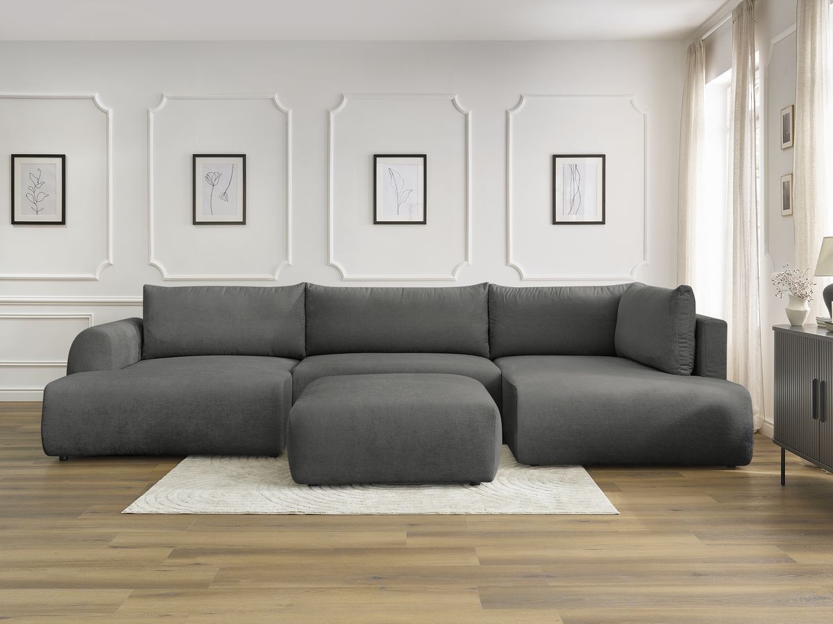 Canapé panoramique convertible coffre LUCIEN tissu lisse avec pouf gris foncé angle gauche BOBOCHIC 6 places - Vue supplémentaire 3