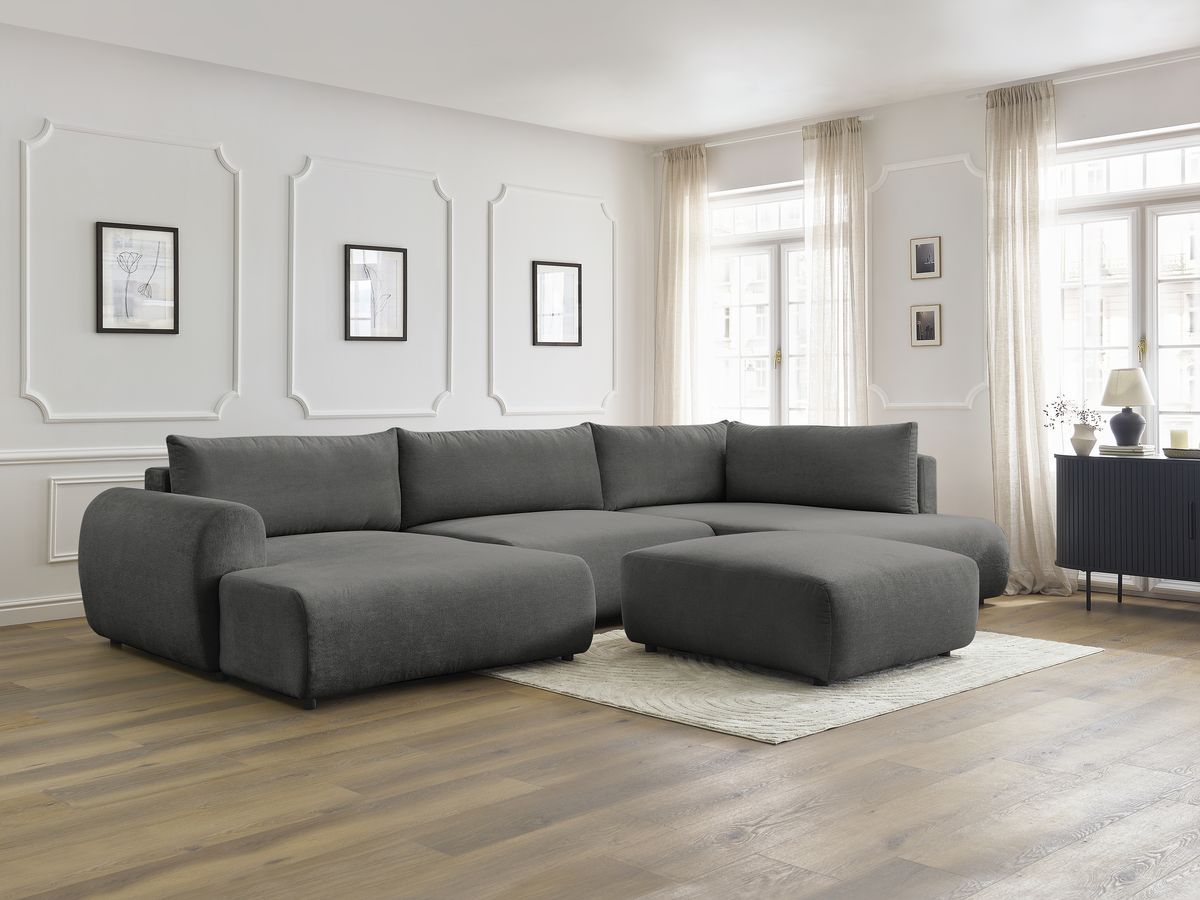 Canapé panoramique convertible coffre LUCIEN tissu lisse avec pouf