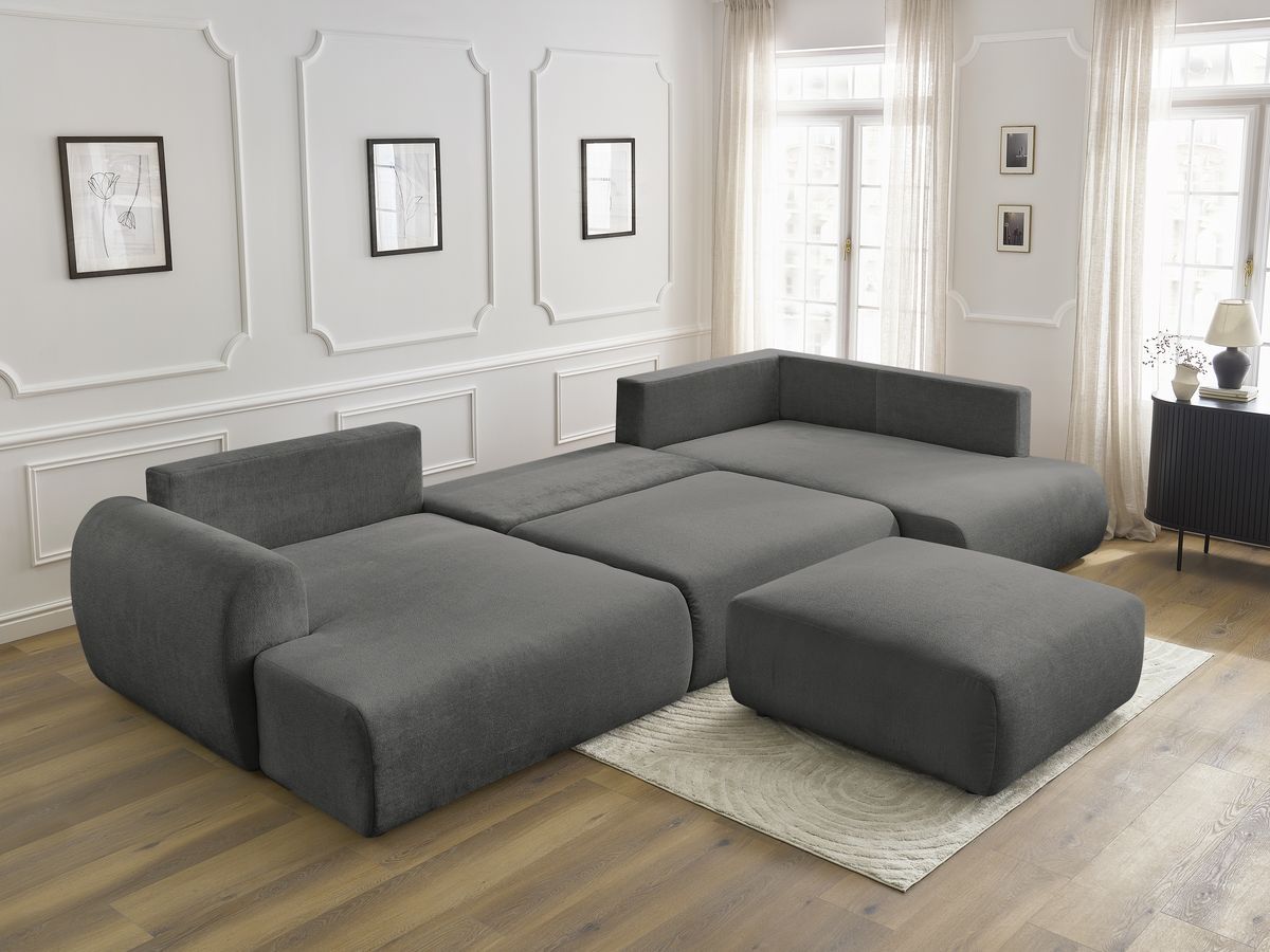 Canapé panoramique convertible coffre LUCIEN tissu lisse avec pouf