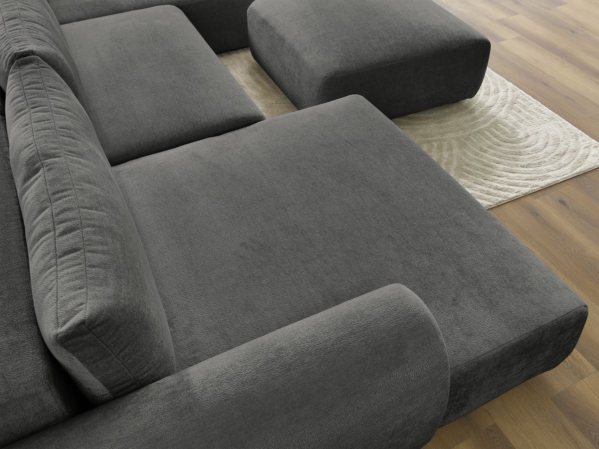 Canapé panoramique convertible coffre LUCIEN tissu lisse avec pouf