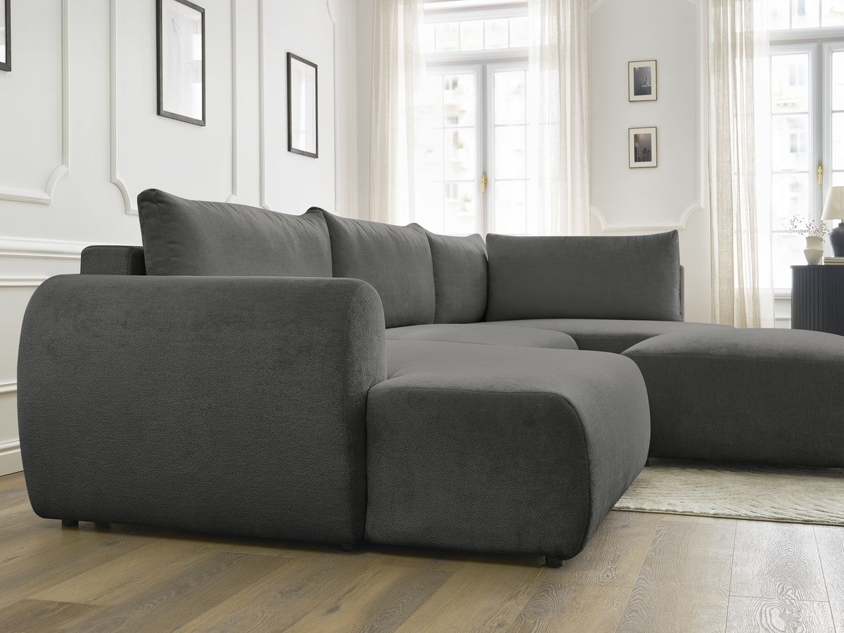 Canapé panoramique convertible coffre LUCIEN tissu lisse avec pouf