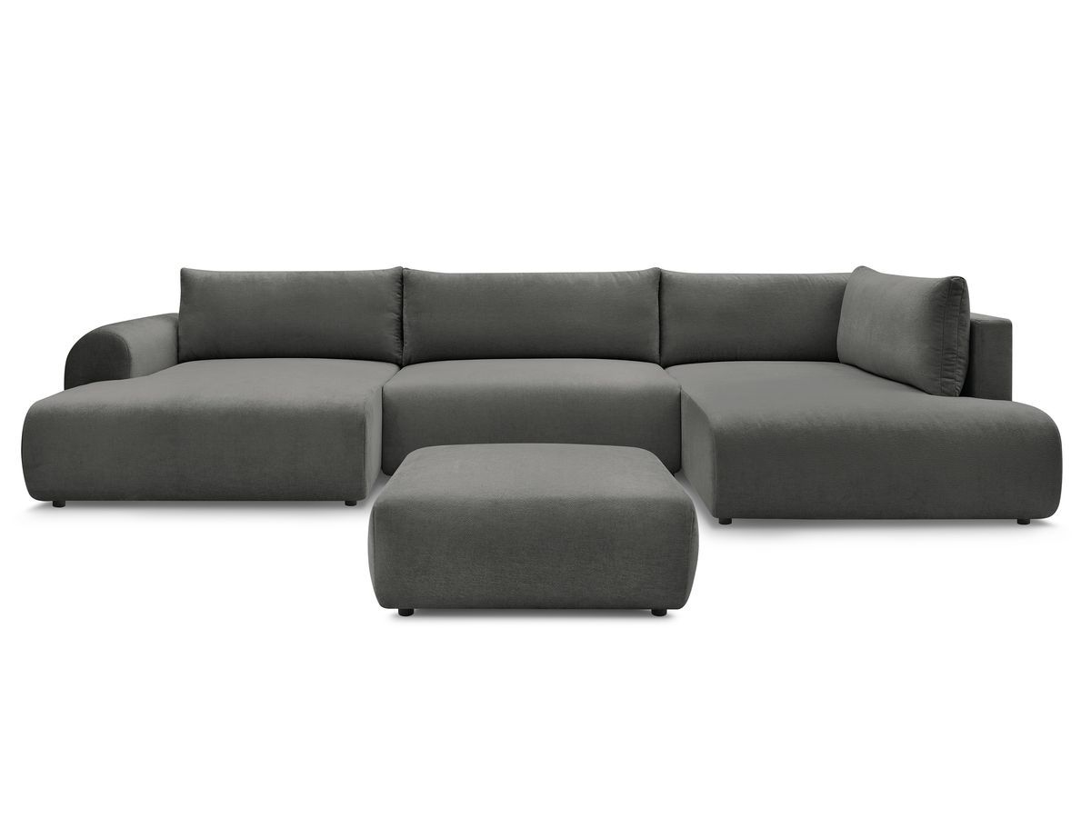 Canapé panoramique convertible coffre LUCIEN tissu lisse avec pouf
