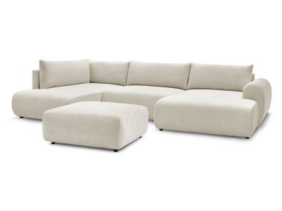 Canapé panoramique convertible coffre LUCIEN tissu lisse avec pouf