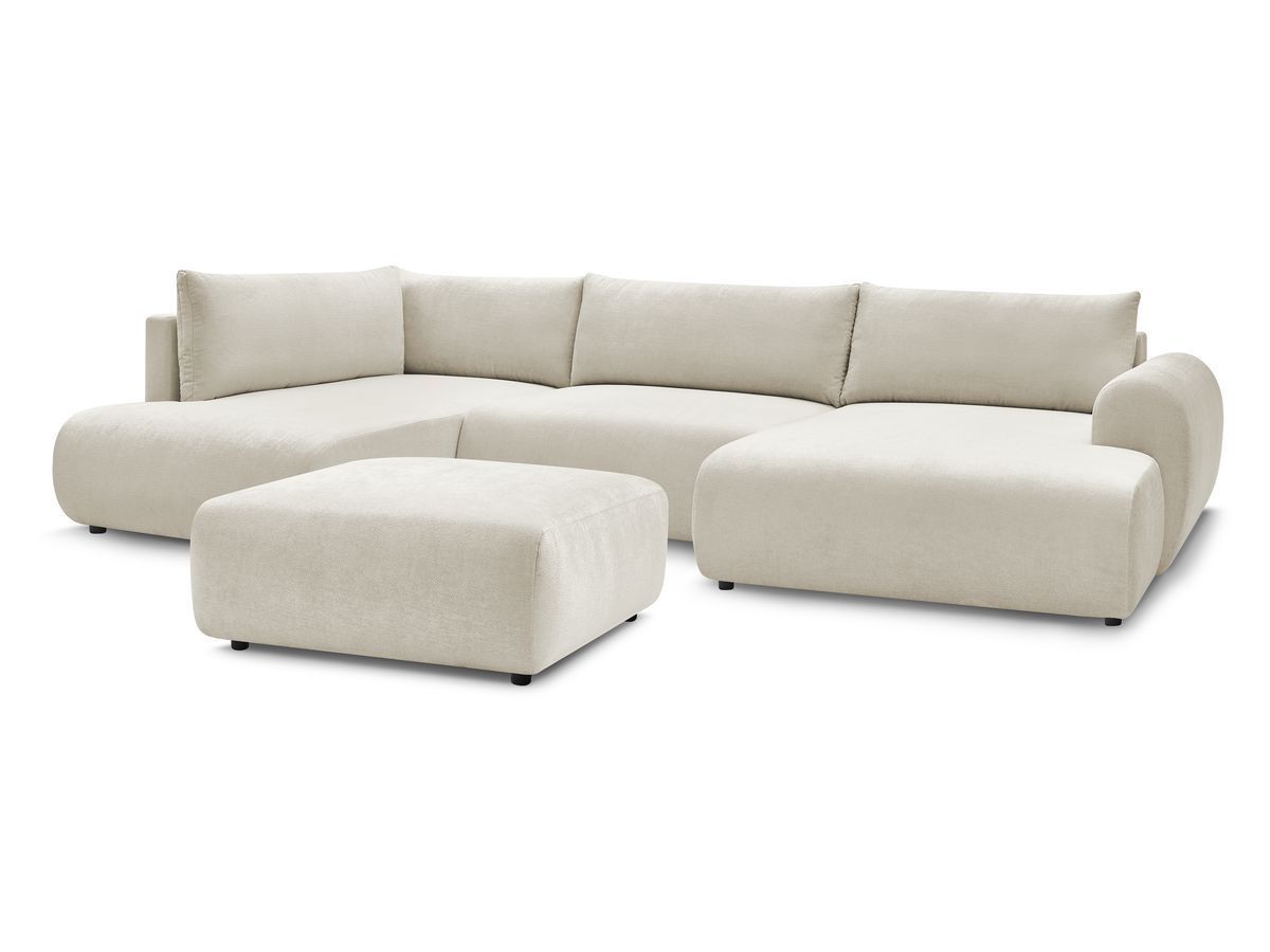 Canapé panoramique convertible coffre LUCIEN tissu lisse avec pouf