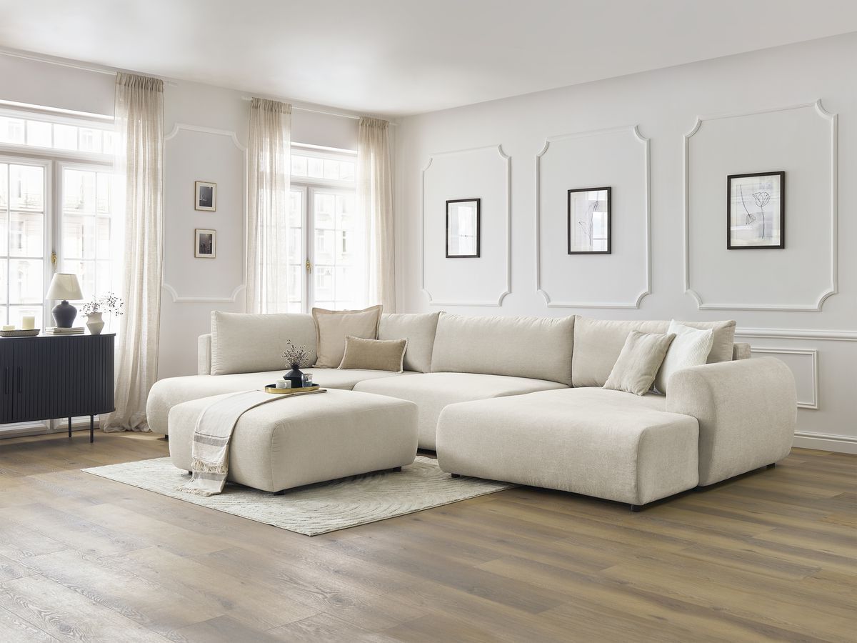 Canapé panoramique convertible coffre LUCIEN tissu lisse avec pouf