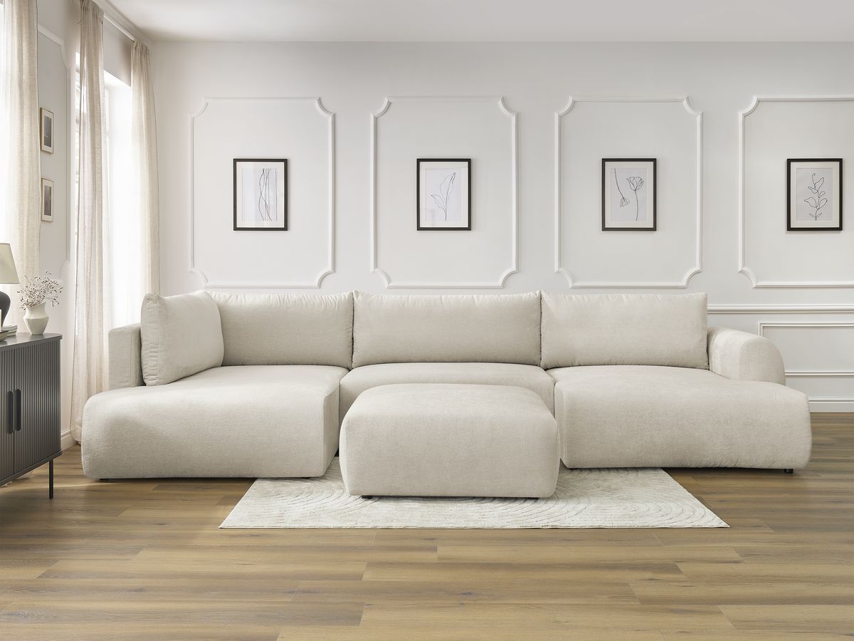Canapé panoramique convertible coffre LUCIEN lisse avec pouf beige — vue 5