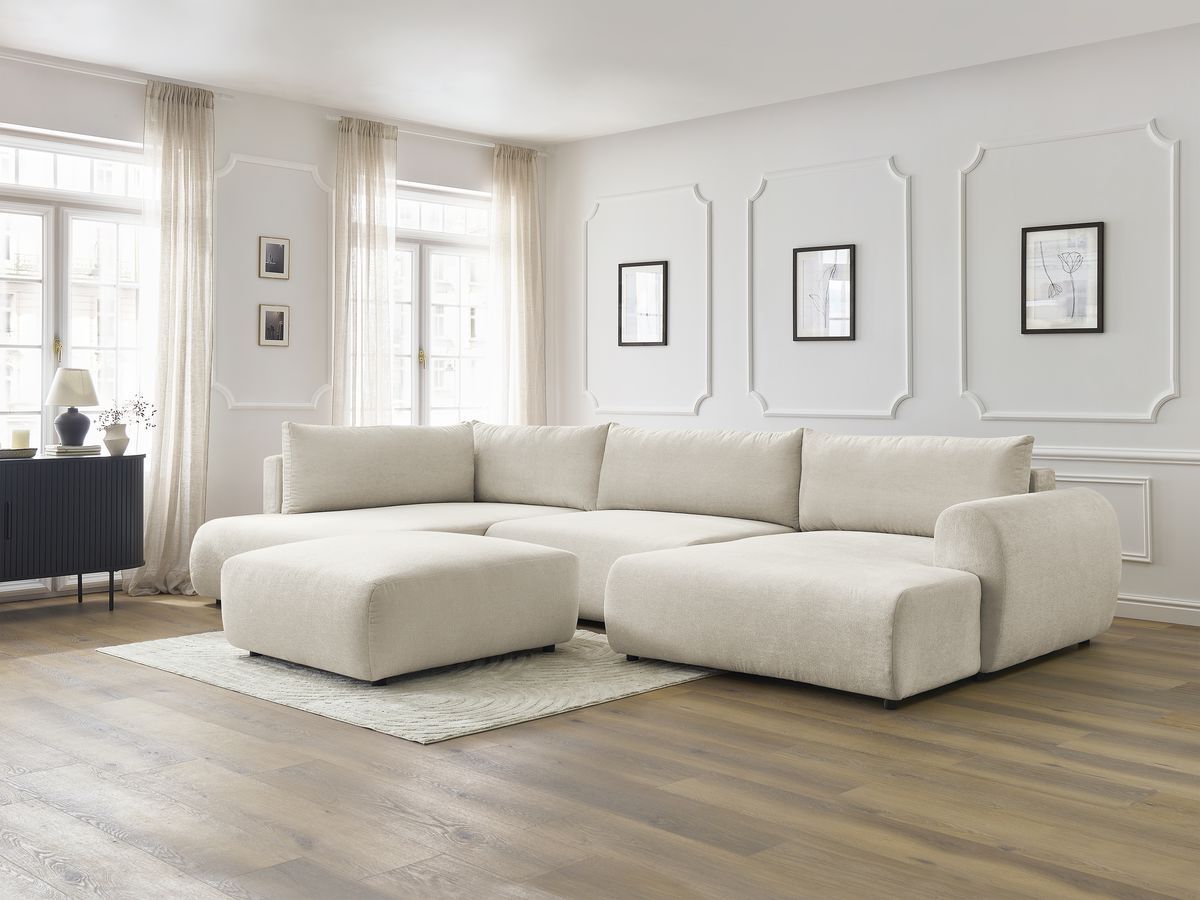 Canapé panoramique convertible coffre LUCIEN tissu lisse avec pouf