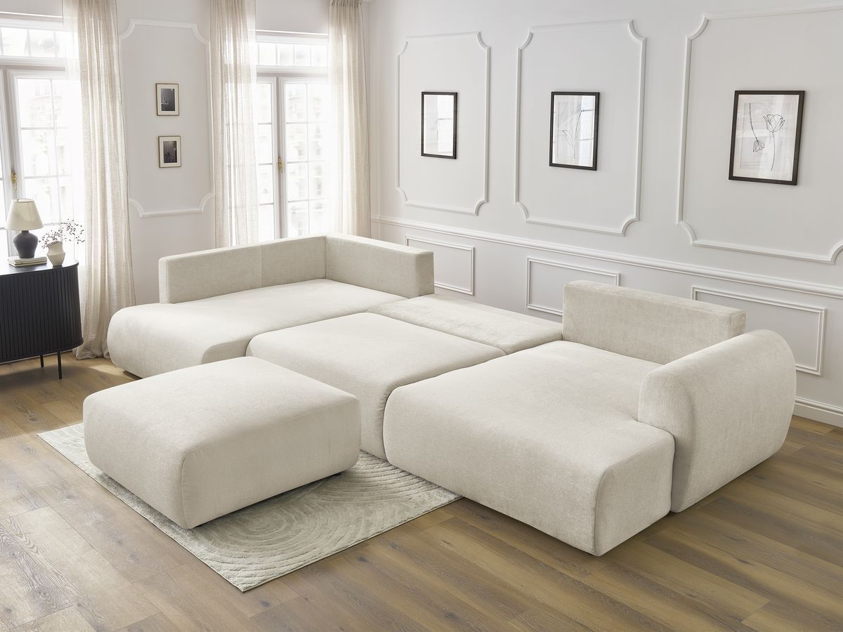 Canapé panoramique convertible coffre LUCIEN tissu lisse avec pouf