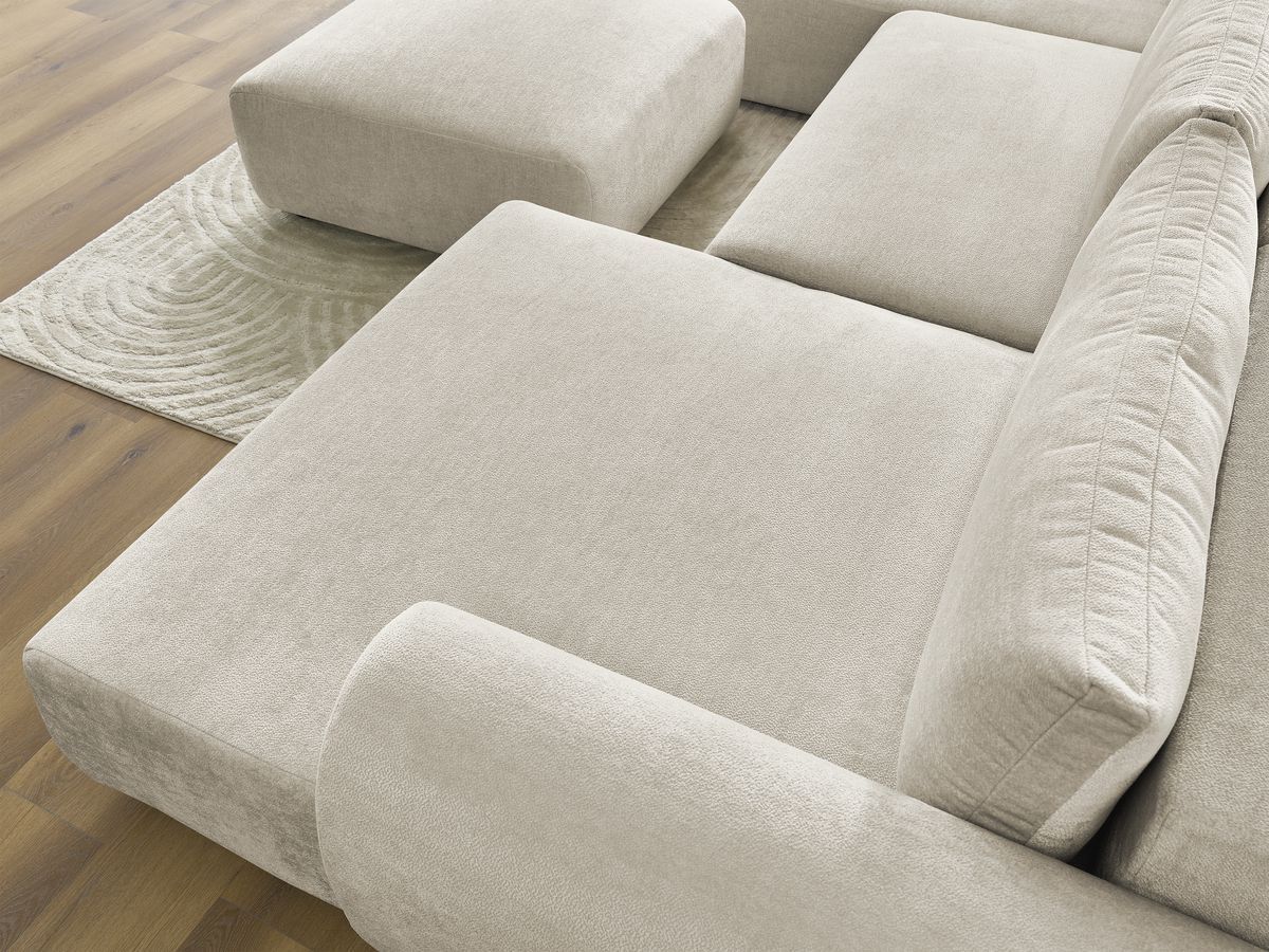 Canapé panoramique convertible coffre LUCIEN tissu lisse avec pouf