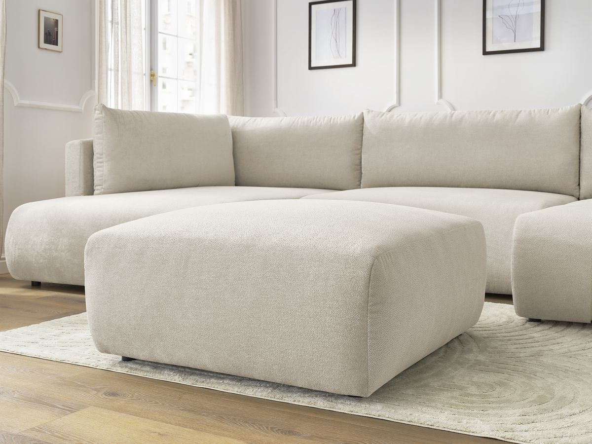 Canapé panoramique convertible coffre LUCIEN tissu lisse avec pouf