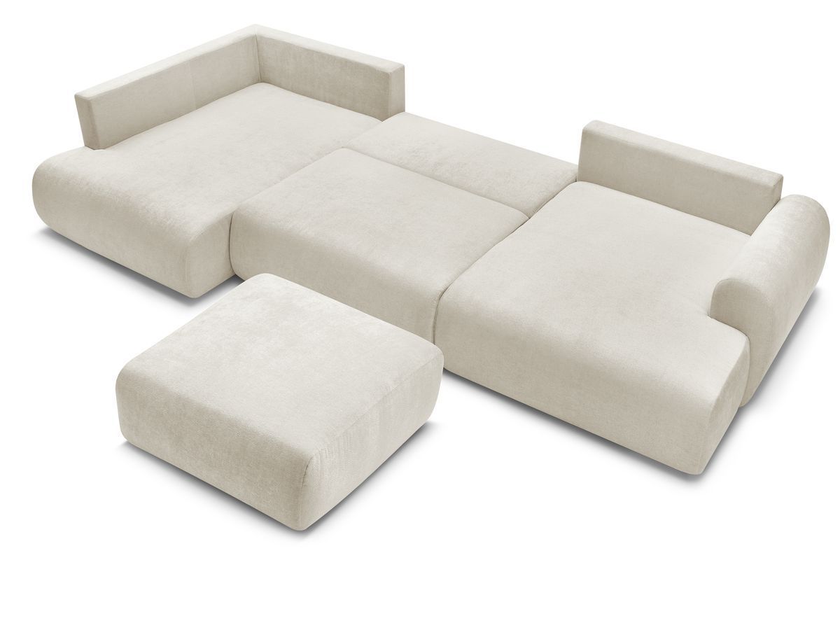 Canapé panoramique convertible coffre LUCIEN tissu lisse avec pouf