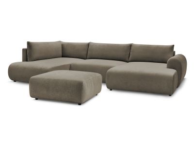 Canapé panoramique convertible coffre LUCIEN tissu lisse avec pouf