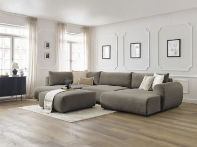 Canapé panoramique convertible coffre LUCIEN tissu lisse avec pouf