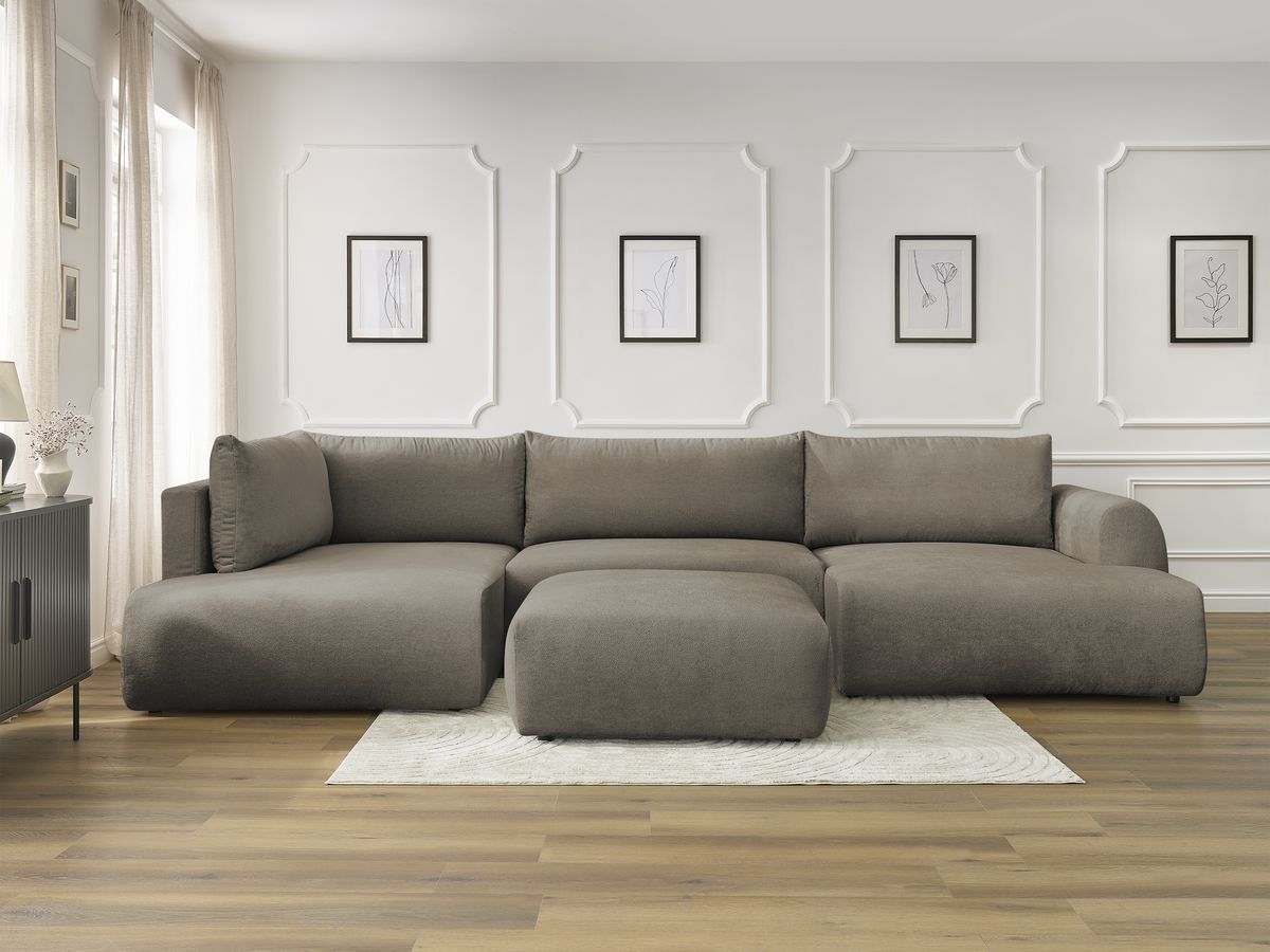 Canapé panoramique convertible coffre LUCIEN lisse avec pouf taupe — vue 5