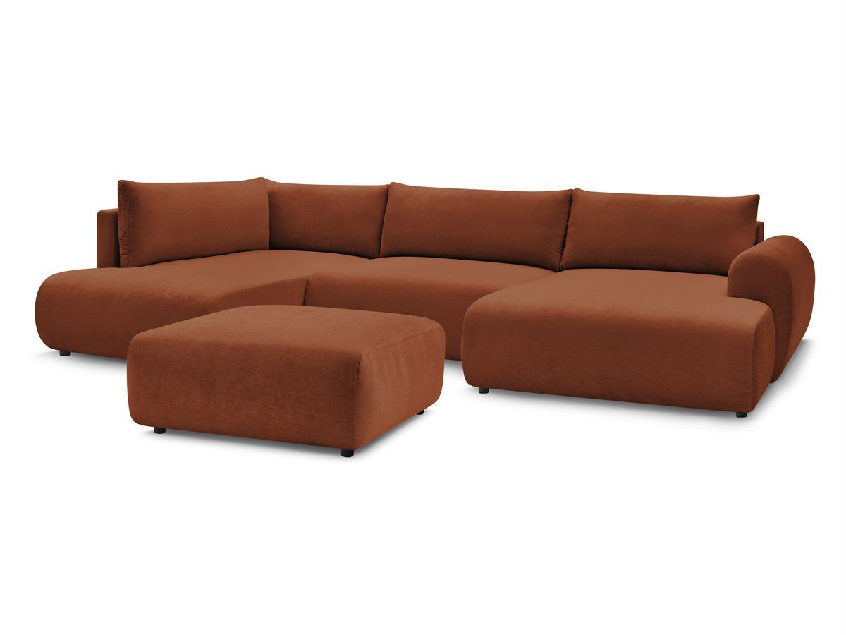 Canapé panoramique convertible coffre LUCIEN tissu lisse avec pouf