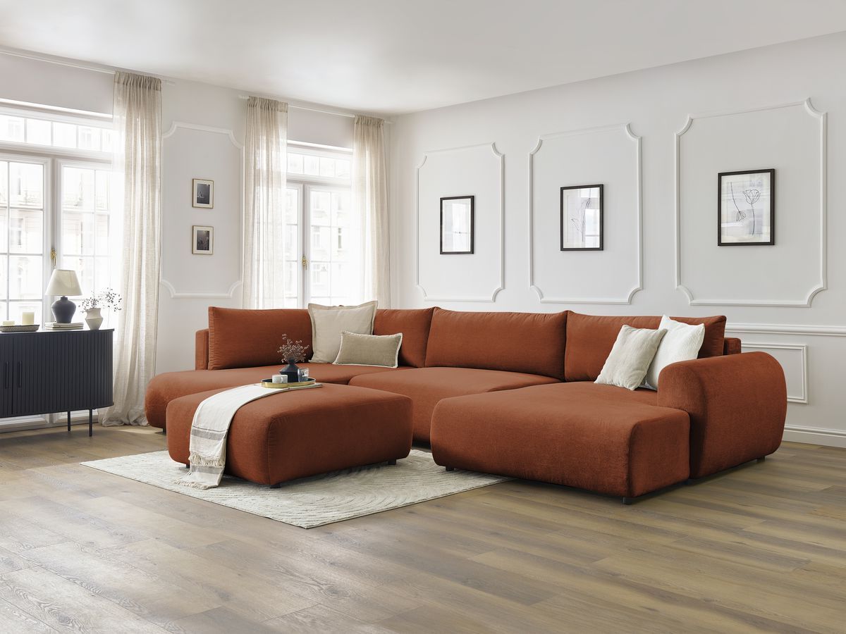 Canapé panoramique convertible coffre LUCIEN tissu lisse avec pouf