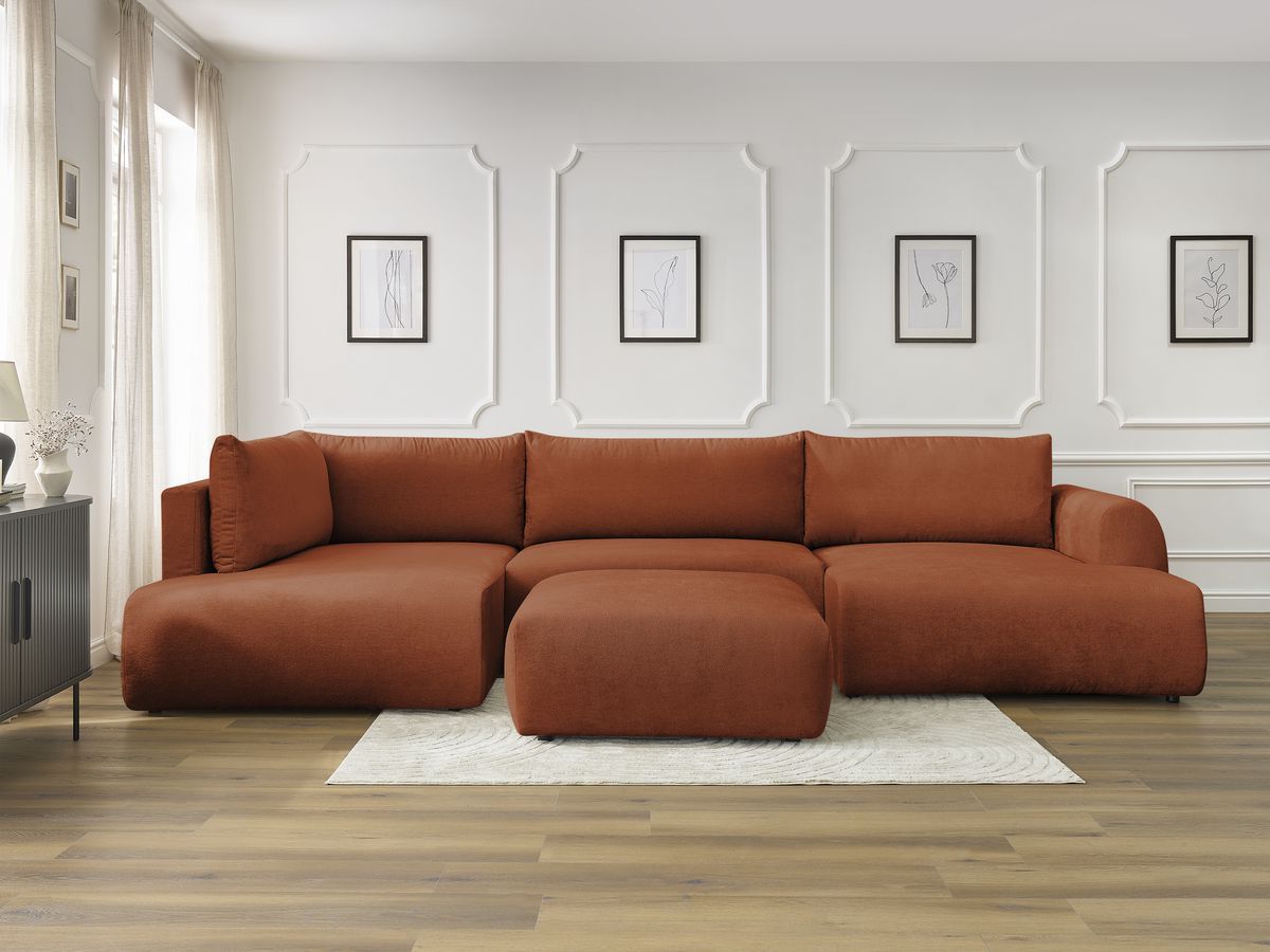 Canapé panoramique convertible coffre LUCIEN lisse avec pouf orange — vue 5