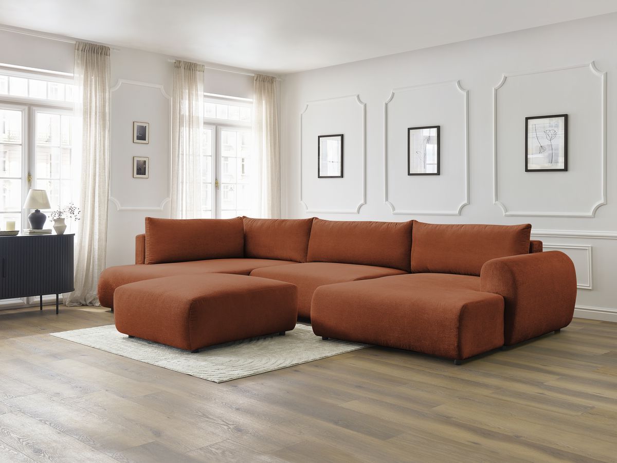 Canapé panoramique convertible coffre LUCIEN tissu lisse avec pouf