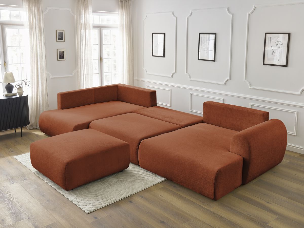 Canapé panoramique convertible coffre LUCIEN tissu lisse avec pouf