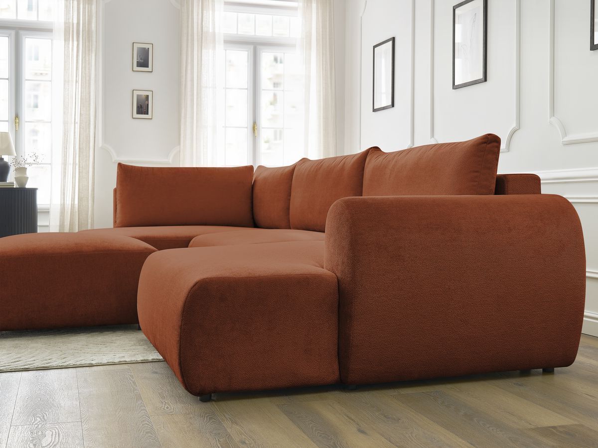 Canapé panoramique convertible coffre LUCIEN tissu lisse avec pouf