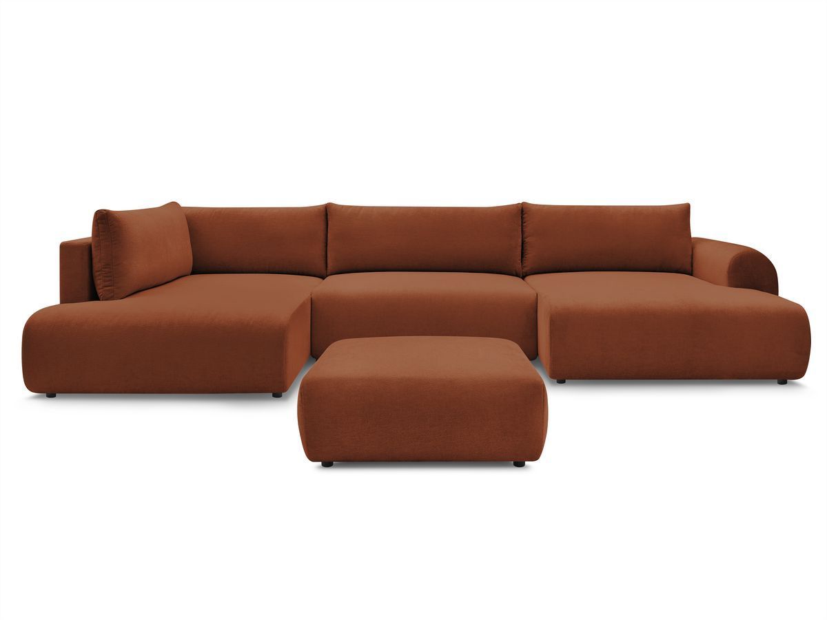 Canapé panoramique convertible coffre LUCIEN tissu lisse avec pouf