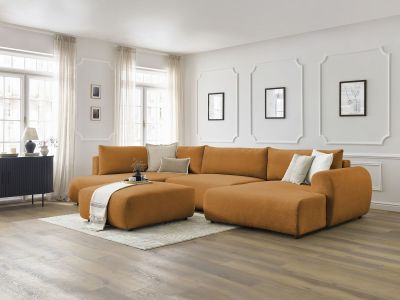 Canapé panoramique convertible coffre LUCIEN tissu lisse avec pouf