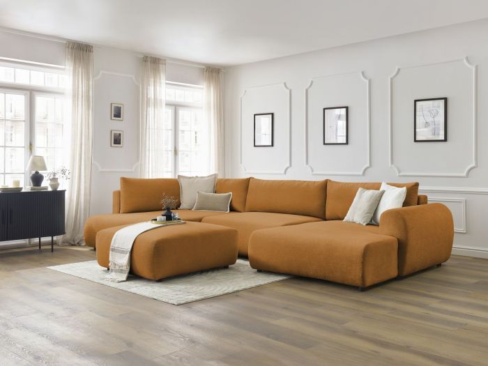 Canapé panoramique convertible coffre LUCIEN tissu lisse avec pouf