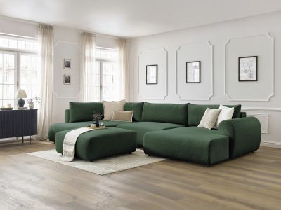Canapé panoramique convertible coffre LUCIEN tissu lisse avec pouf