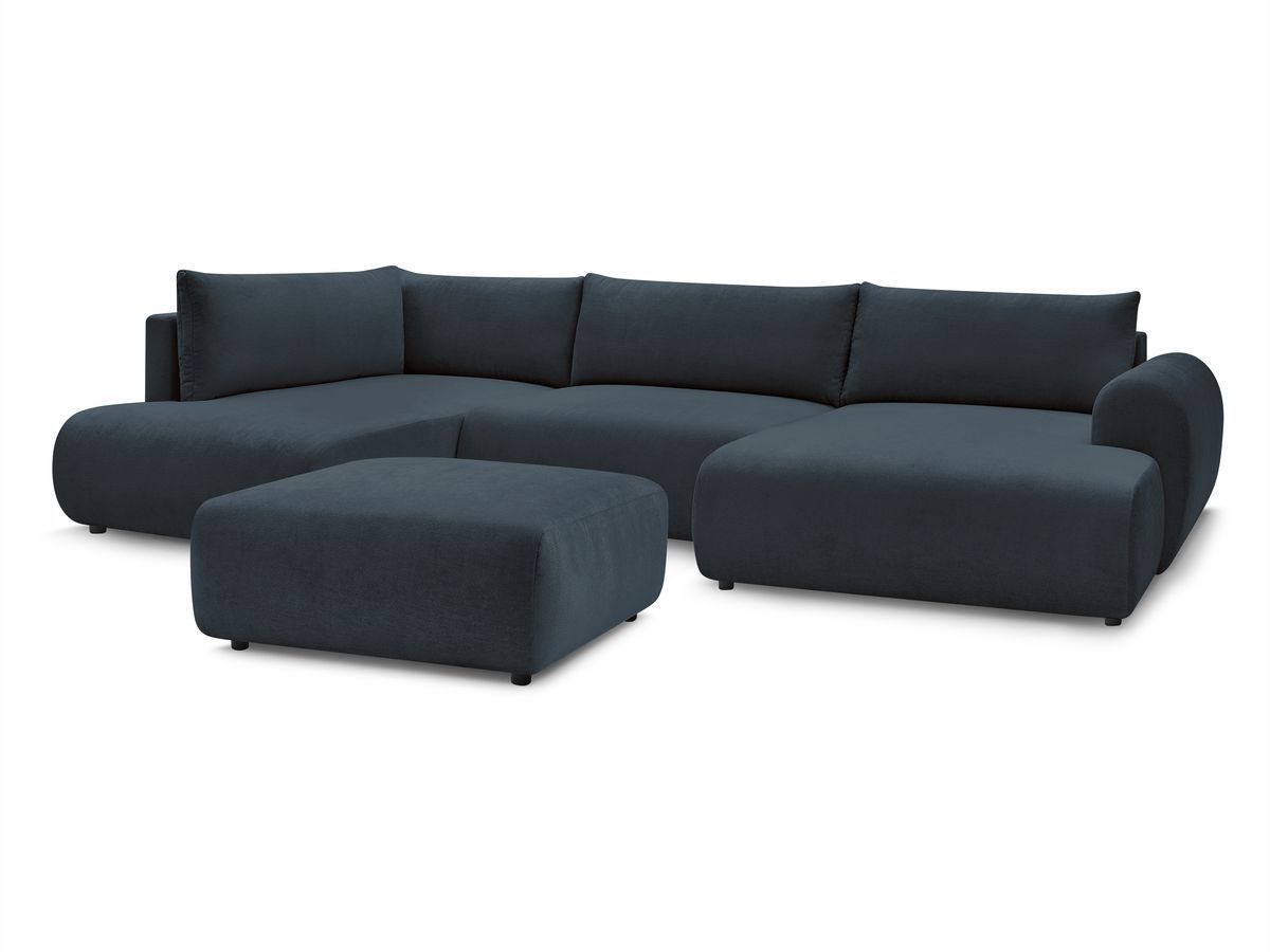 Canapé panoramique convertible coffre LUCIEN tissu lisse avec pouf