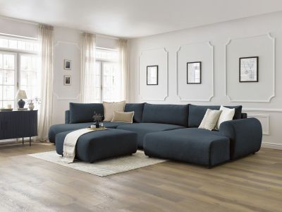 Canapé panoramique convertible coffre LUCIEN tissu lisse avec pouf