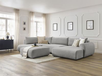 Canapé panoramique convertible coffre LUCIEN tissu lisse avec pouf