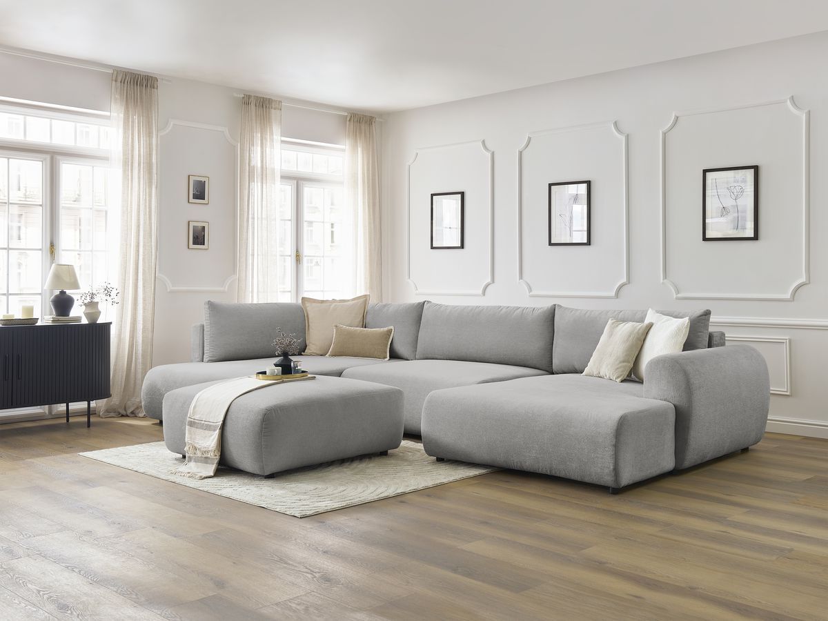 Canapé panoramique convertible coffre LUCIEN tissu lisse avec pouf