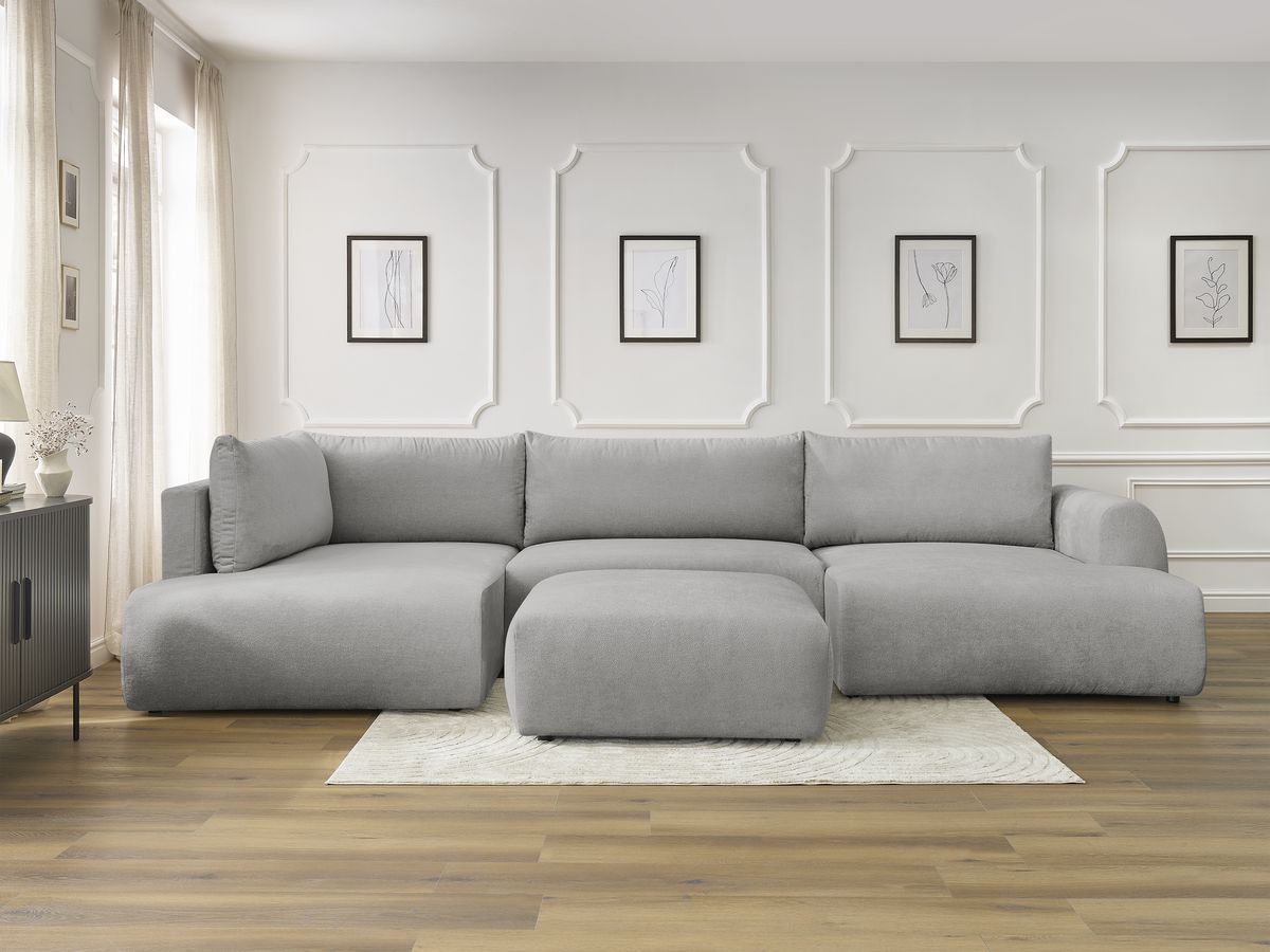 Canapé panoramique convertible coffre LUCIEN lisse avec pouf gris clair — vue 5