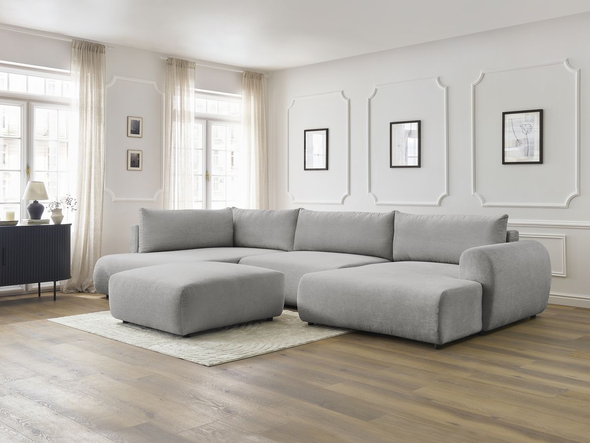 Canapé panoramique convertible coffre LUCIEN tissu lisse avec pouf